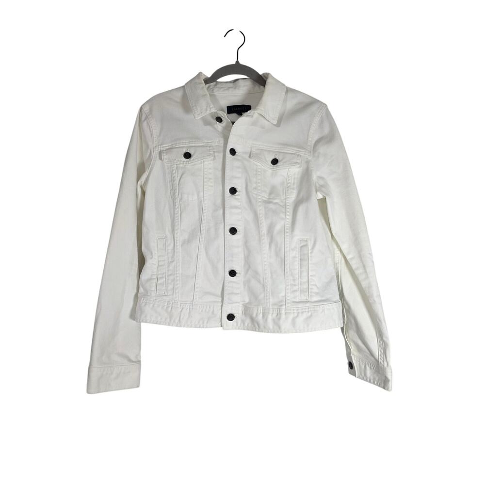 Talbots White Denim Jacket Womens Large Black Buttons Classic Cropped Trucker